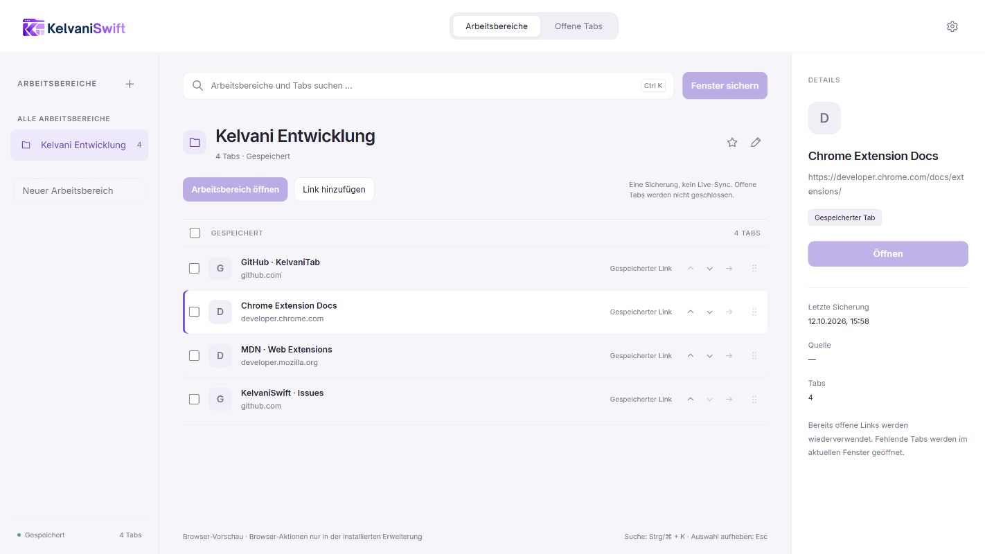 KelvaniSwift: tatsächliche Browseransicht mit Beispieldaten